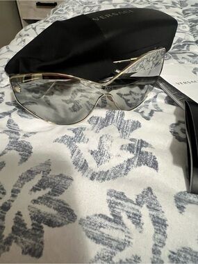 Versace Women's Gold Frame Shield Sunglasses with Gray Lenses